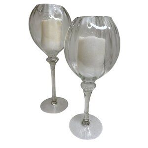 Set Of 2 Glass Candle Holders Goblet Style With White Pillar Candles Elegant Hom